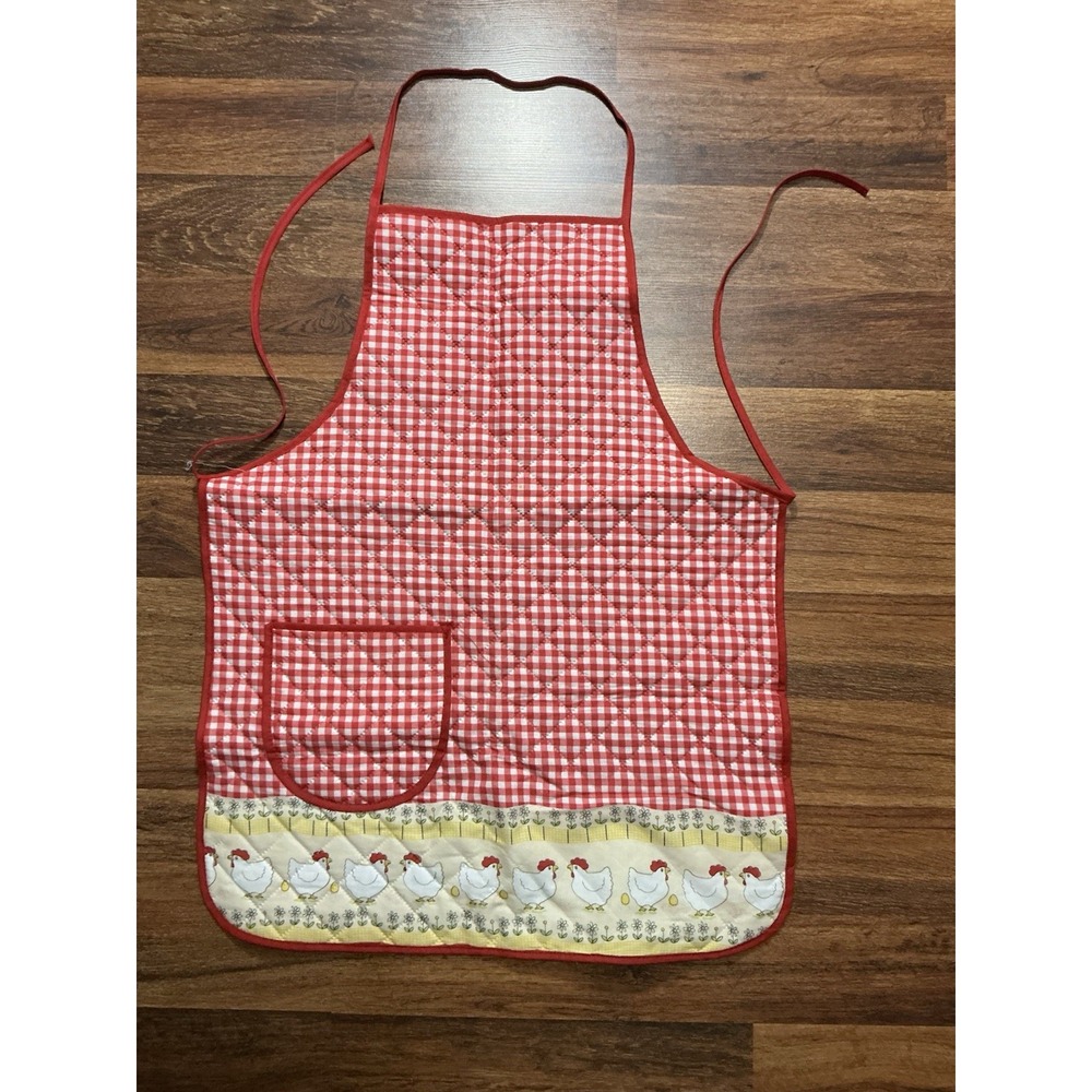 Quilted Red/White Checkered Full Apron Chicken/Floral Border